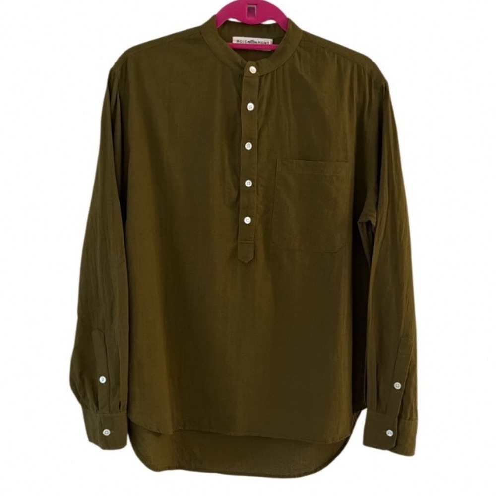 Moismont Olive Green Ripstop Textured Cotton Band Collar Popover Shirt Women  T2